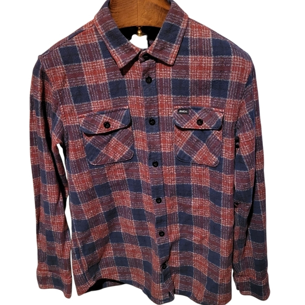 RVCA Plaid Flannel Men’s‎ Medium Red/ Navy Button Down Pockets